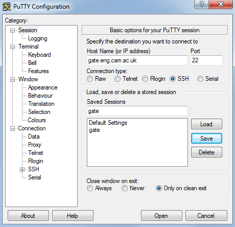 PuTTY saved session dialog