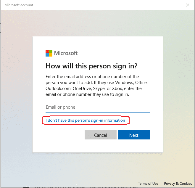 Microsoft account window