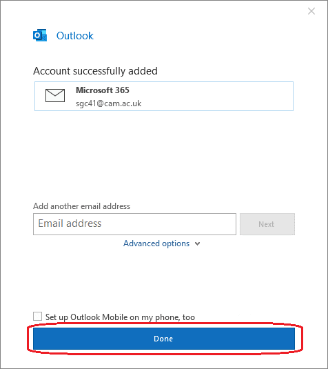 Outlook 365 - Account successfully added